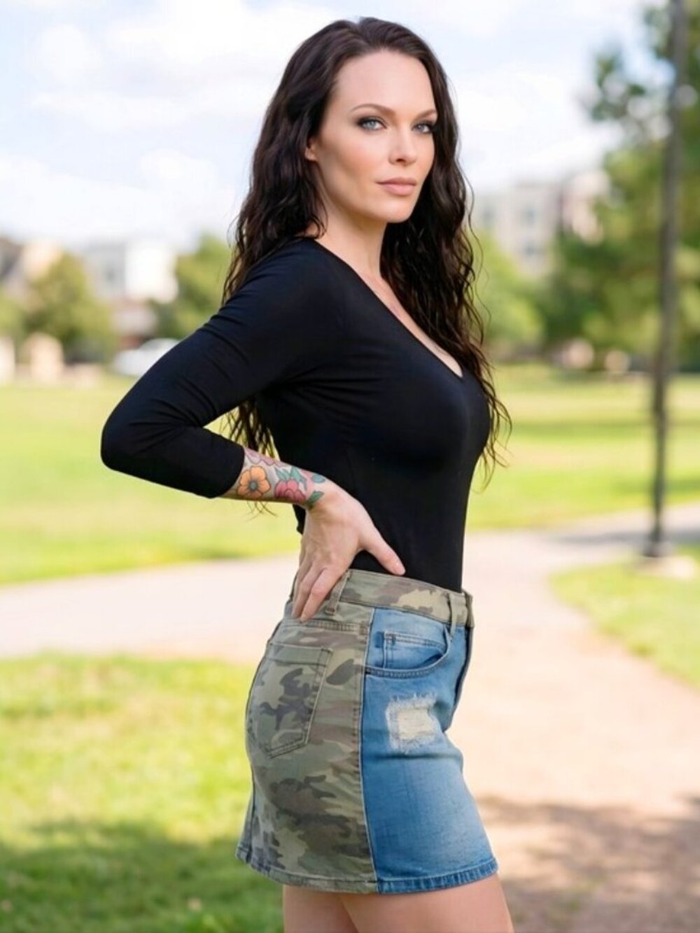 Tripp NYC Distressed Denim Camo Twill Hybrid Split Front Mini Skirt Sz M NWT